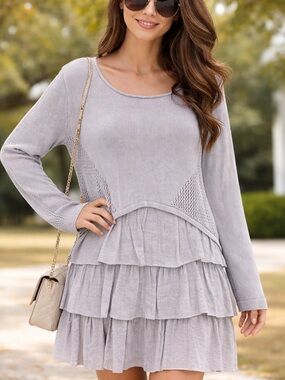 Selfie Couture Gray Layered Boho Tunic Dress Ramie Cotton